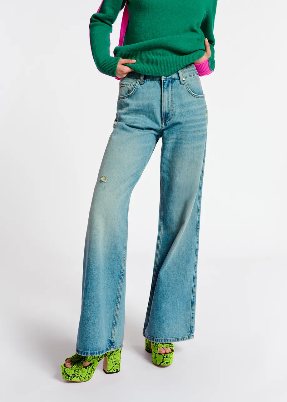 Distressed straight-leg blue jeans