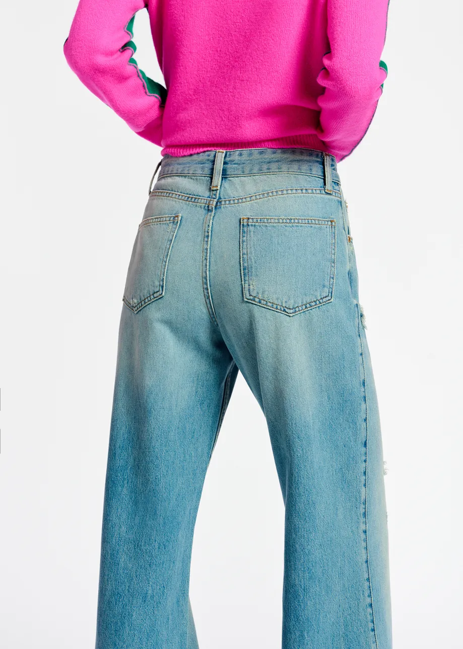 Distressed straight-leg blue jeans