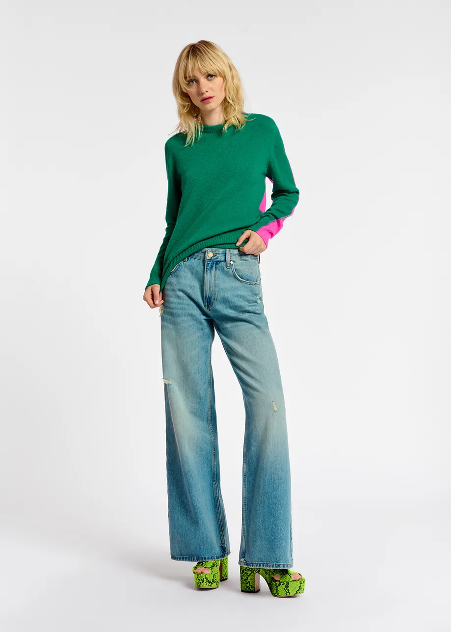 Distressed straight-leg blue jeans