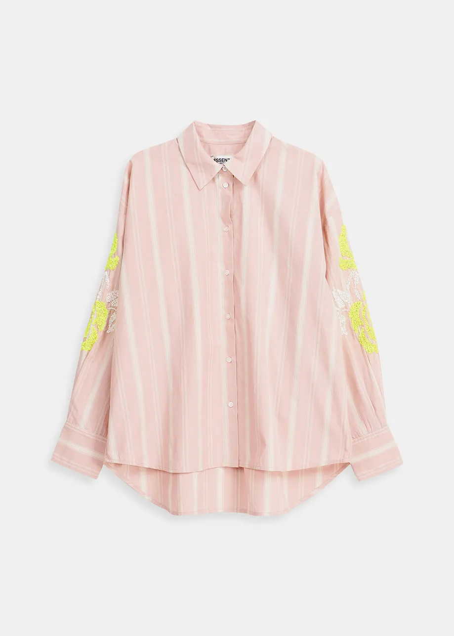 Light pink striped cotton shirt with flower-shaped embroideries