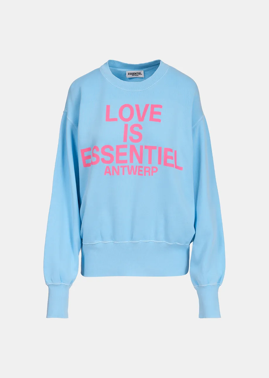 Blauwe sweater van biokatoen met tekst