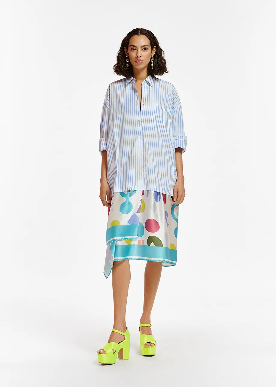 White and blue striped shirt dress with abstract-printed skirt 