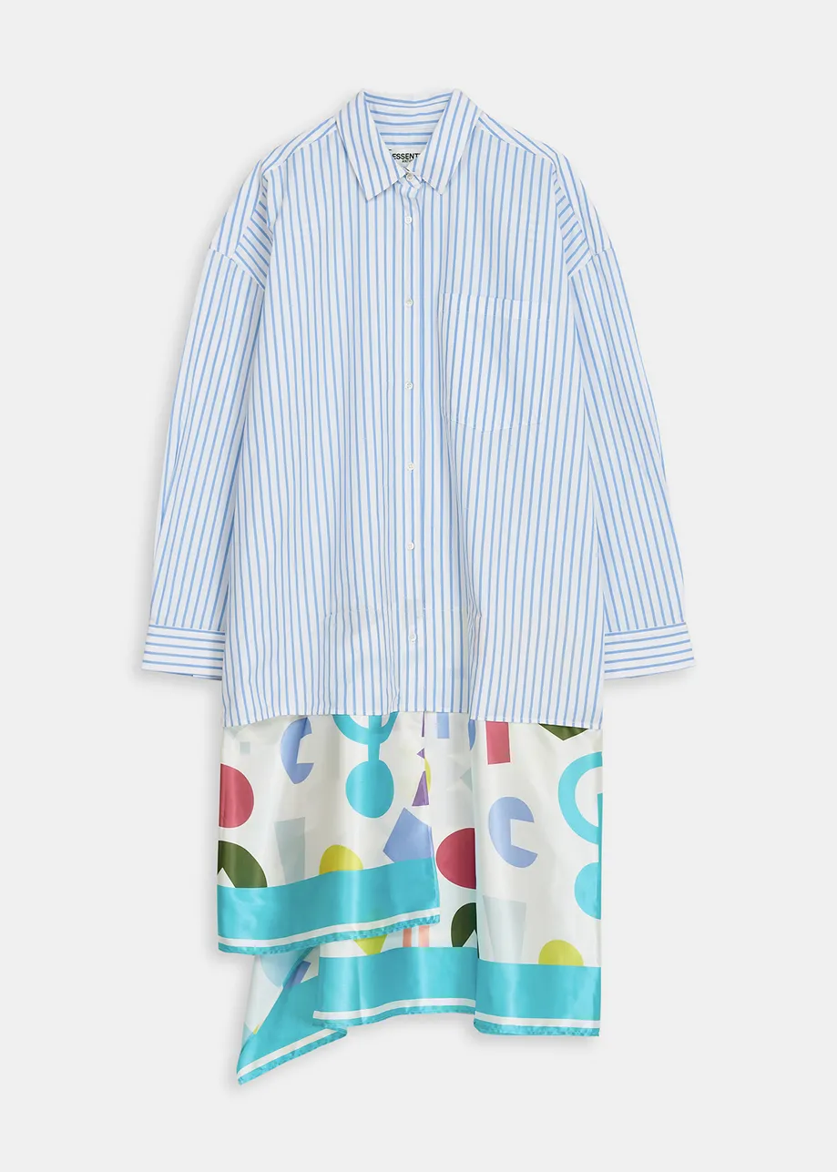 White and blue striped shirt dress with abstract-printed skirt