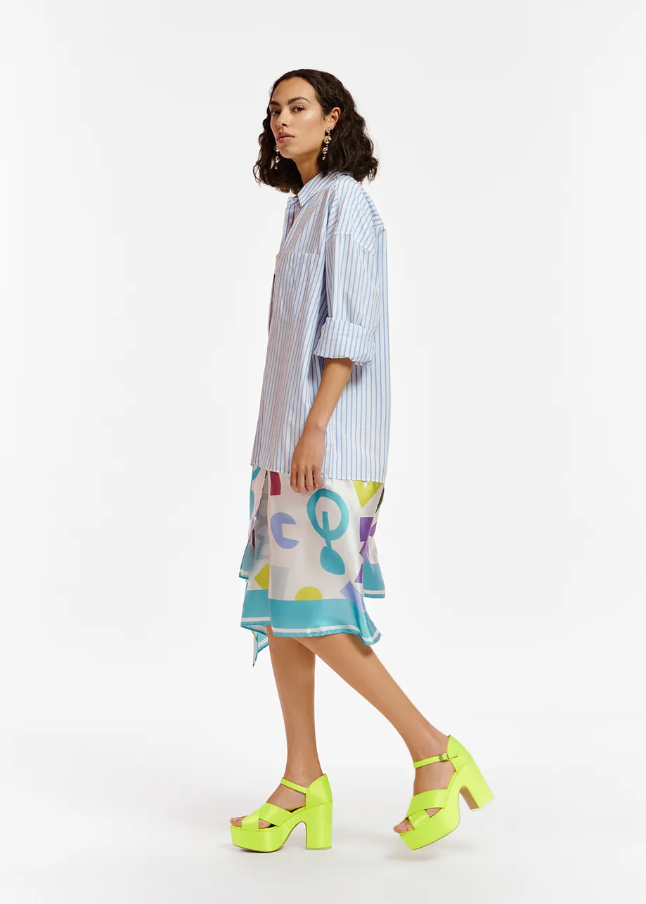 White and blue striped shirt dress with abstract-printed skirt 