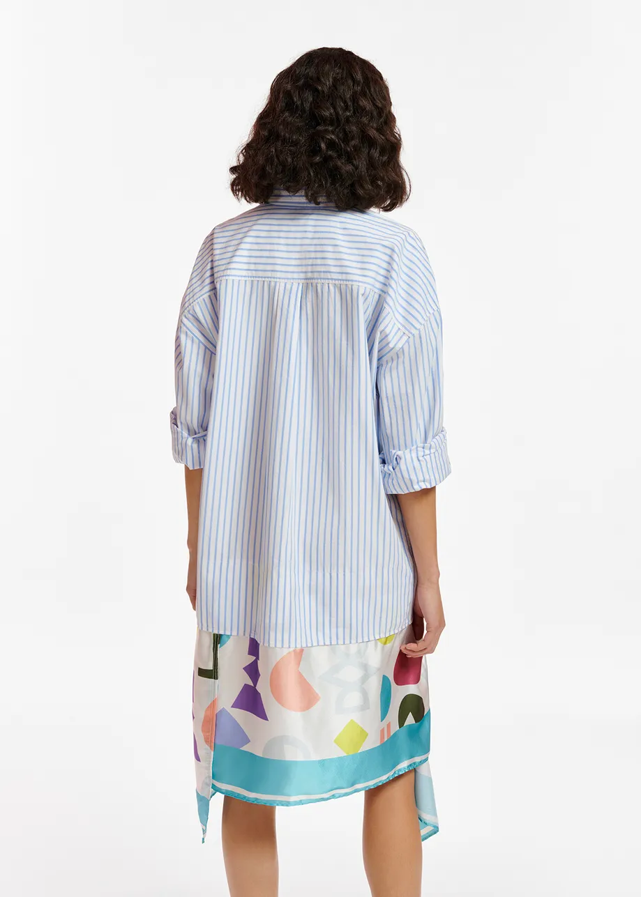 White and blue striped shirt dress with abstract-printed skirt 