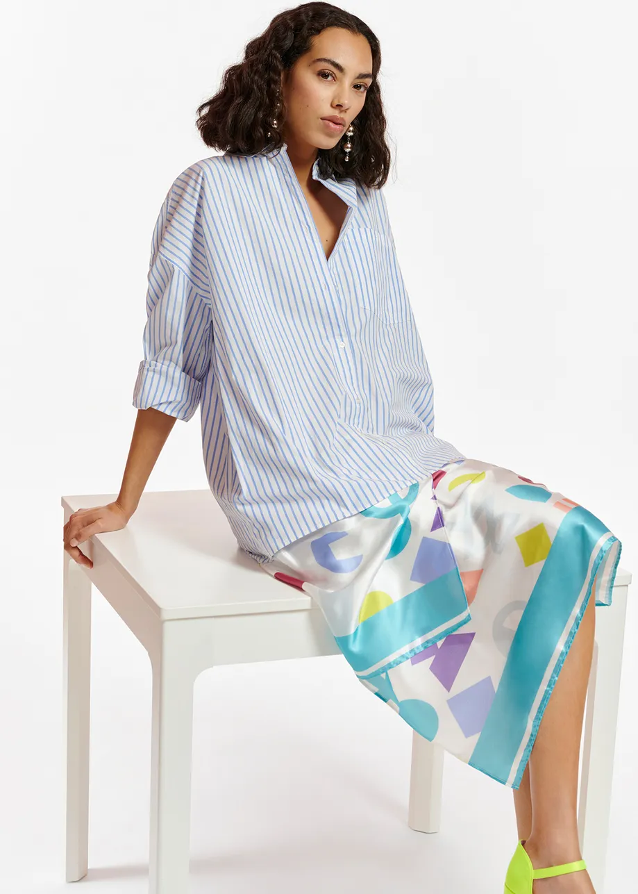 White and blue striped shirt dress with abstract-printed skirt 