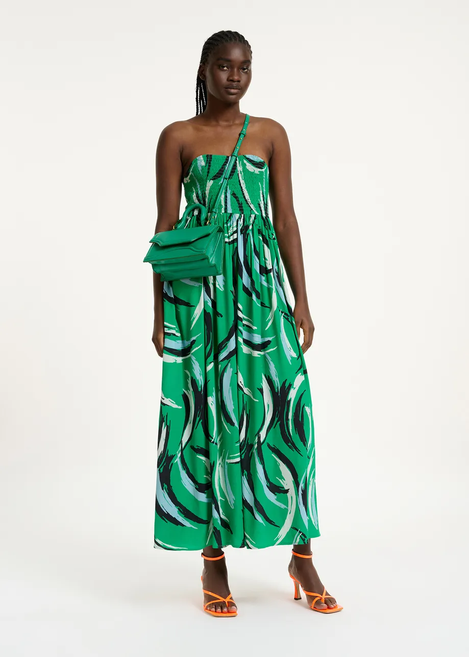 Green sleeveless midi-length dress with abstract print