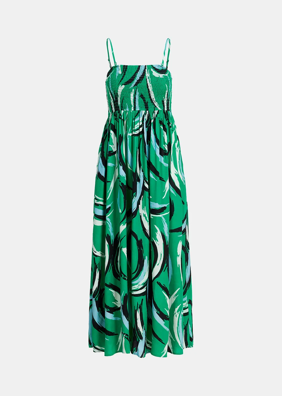 Green sleeveless midi-length dress with abstract print