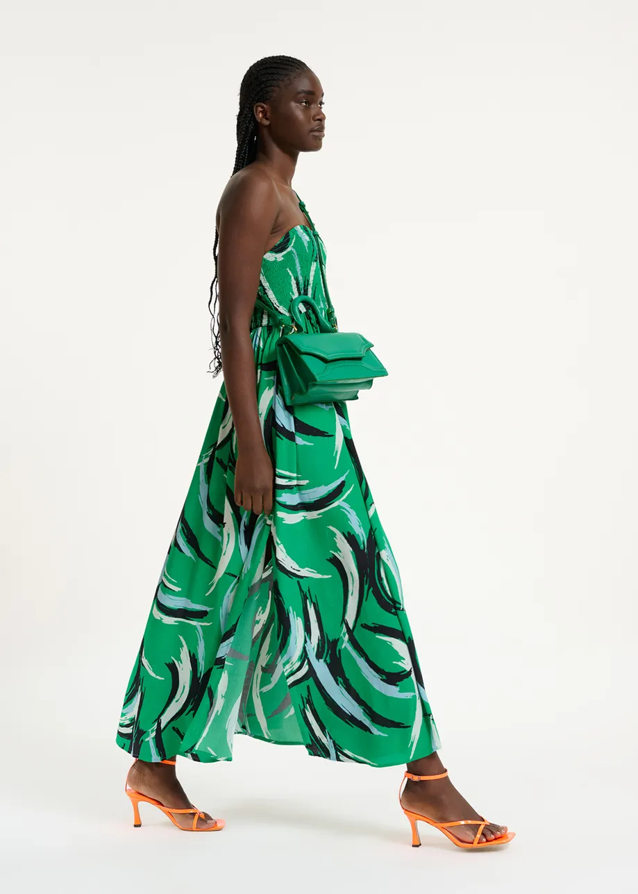 Green sleeveless midi-length dress with abstract print