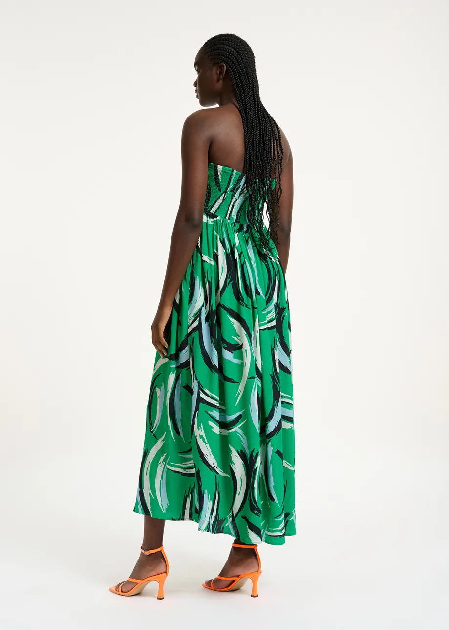 Green sleeveless midi-length dress with abstract print