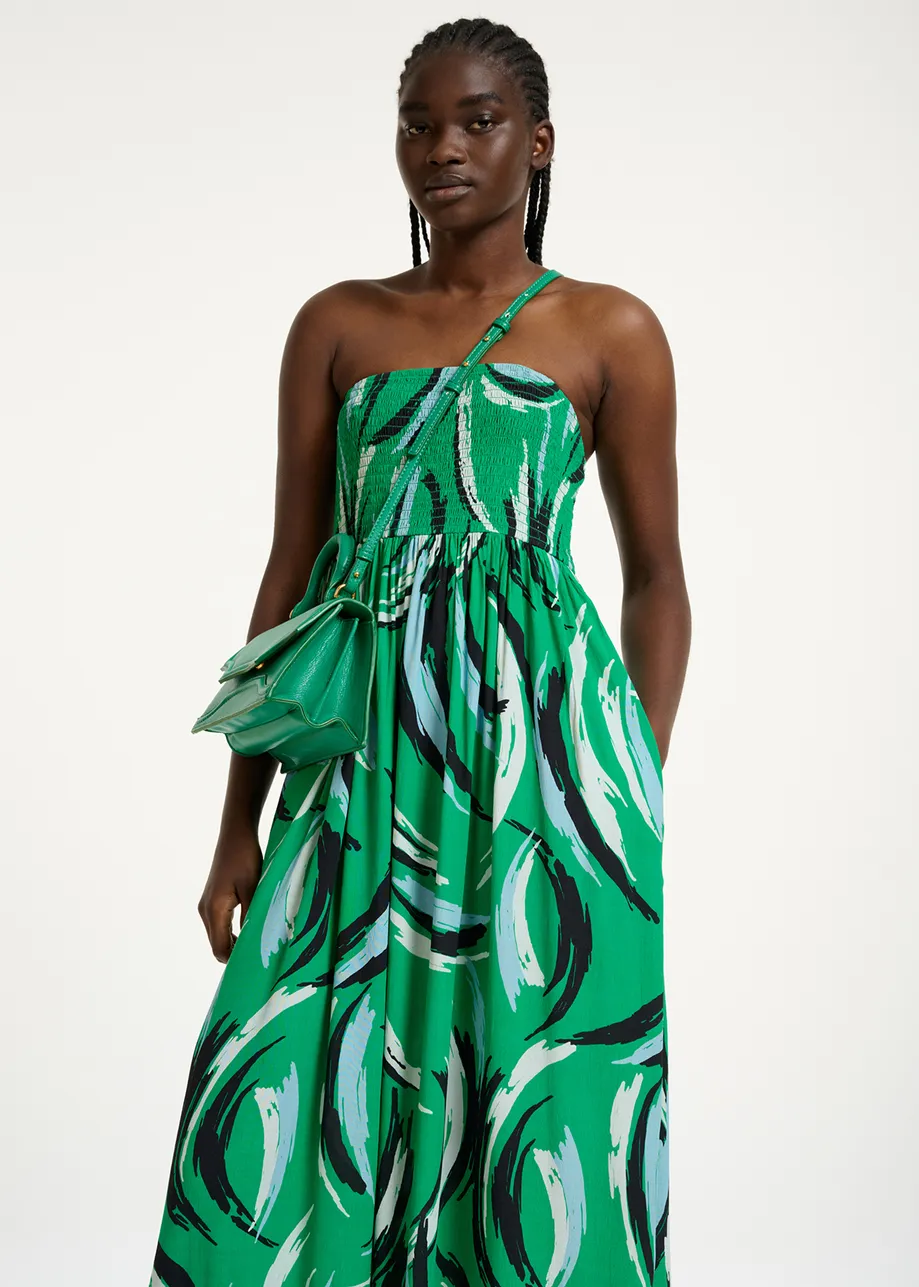 Green sleeveless midi-length dress with abstract print