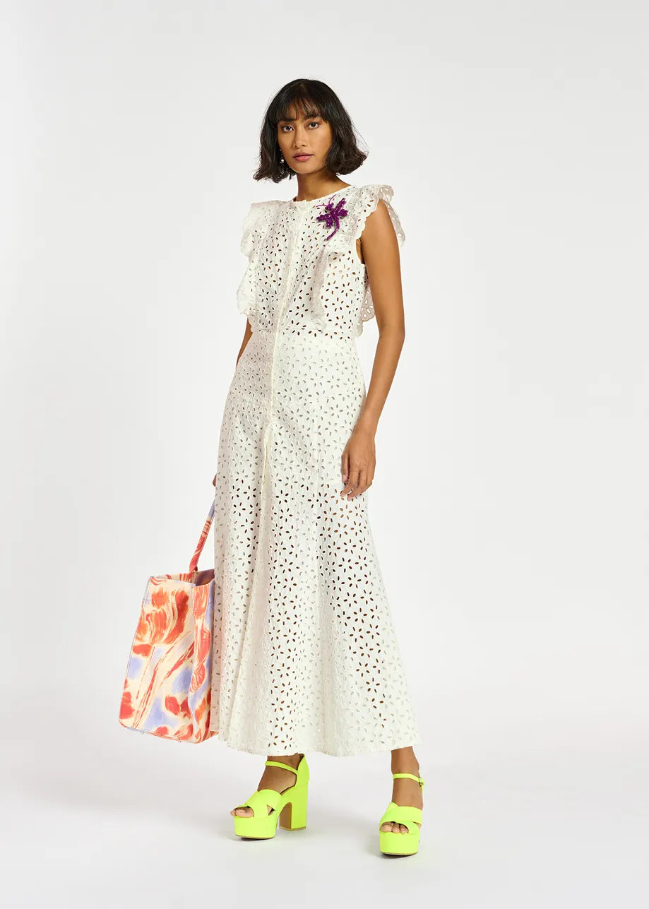 Maxi robe en coton blanc à broderie anglaise