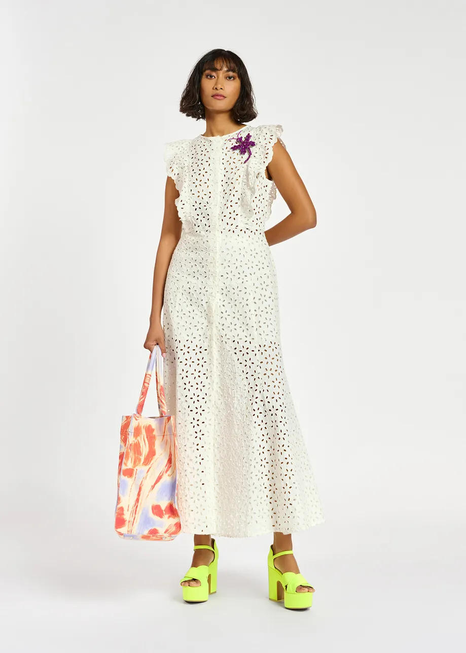 Maxi robe en coton blanc à broderie anglaise