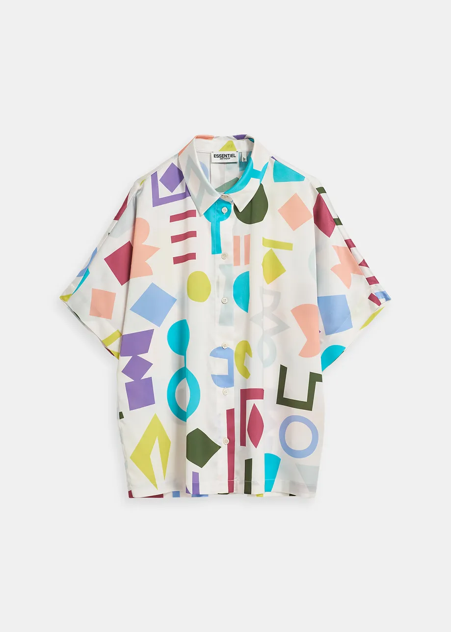 White abstract-printed satin shirt