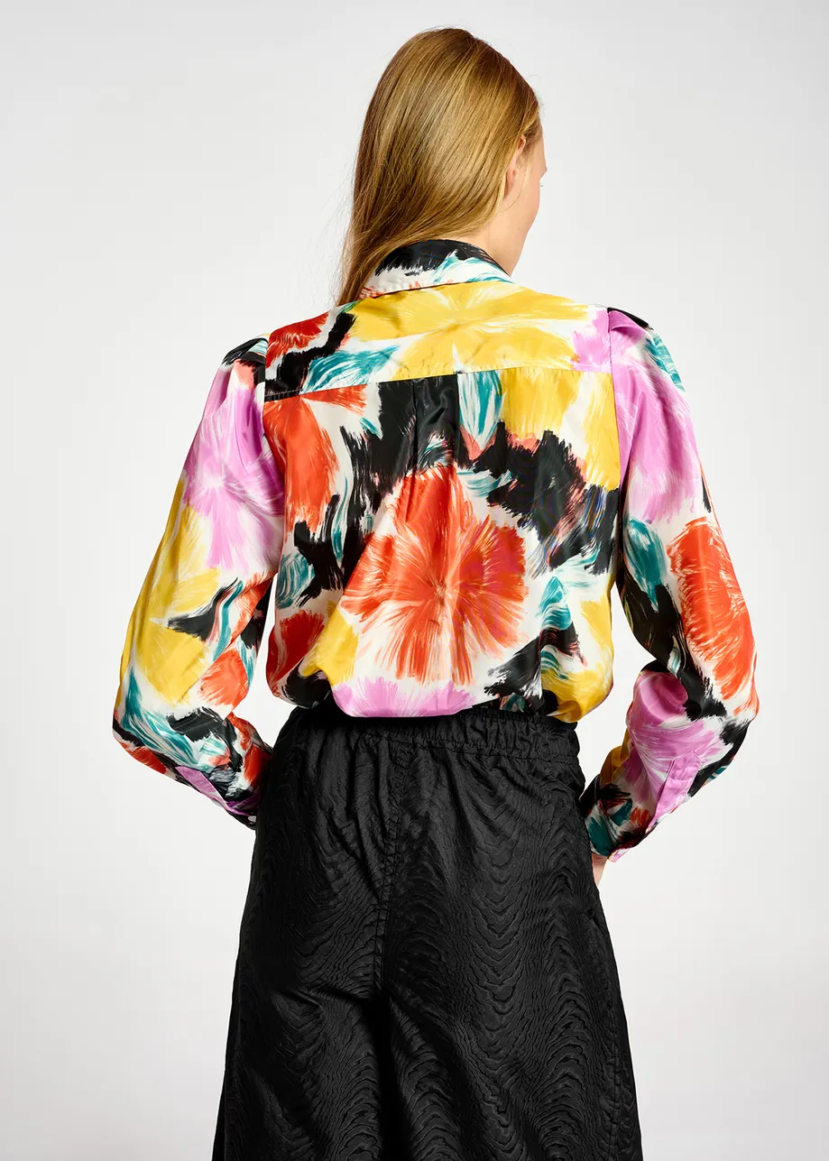Black, orange and yellow floral print shirt