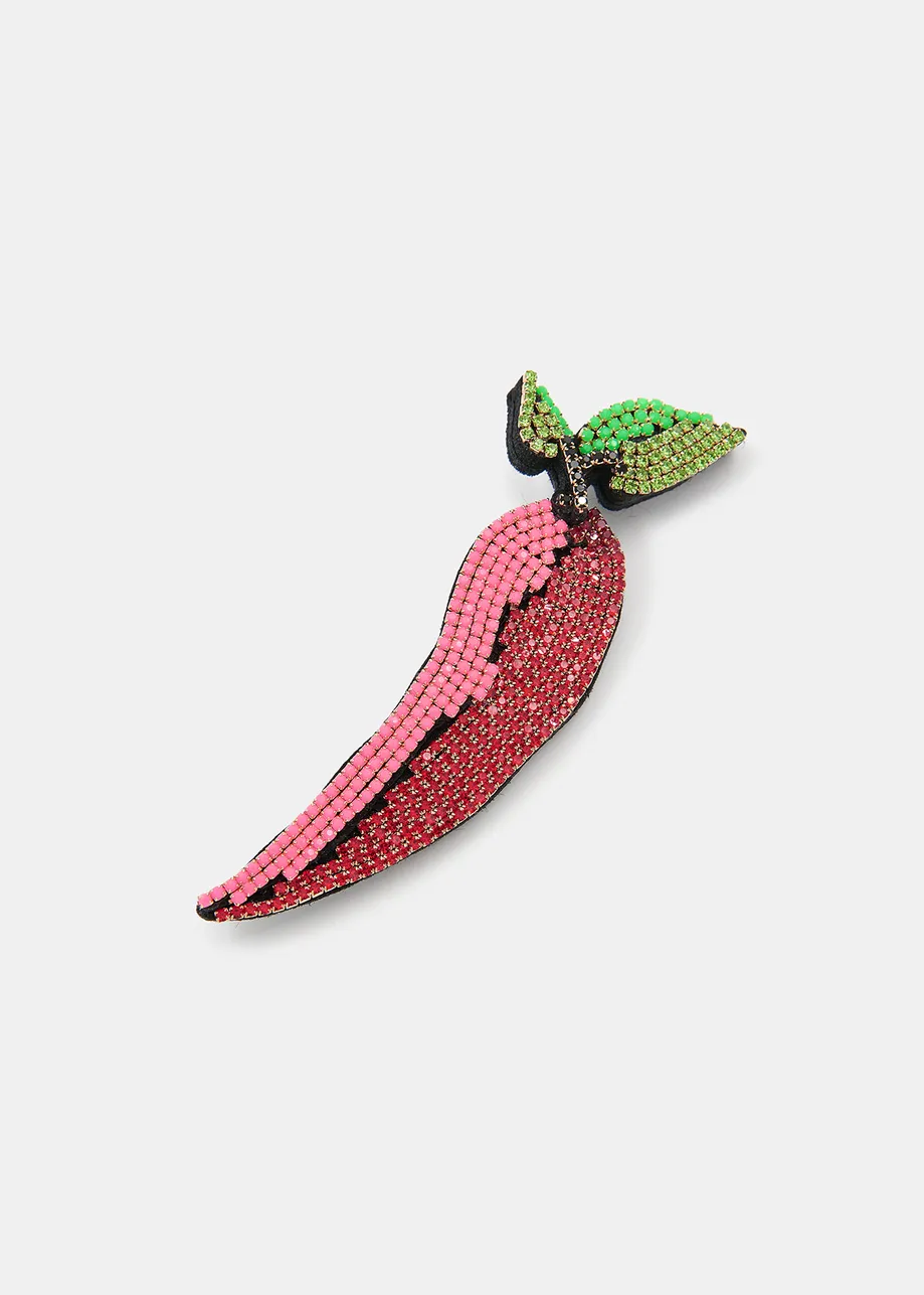 Red, pink and green rhinestone pepper brooch
