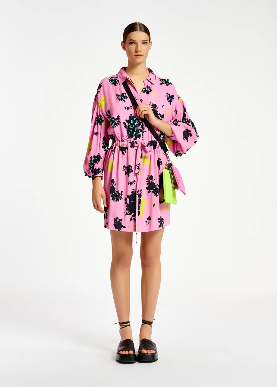 Pink, black and yellow floral print mini dress
