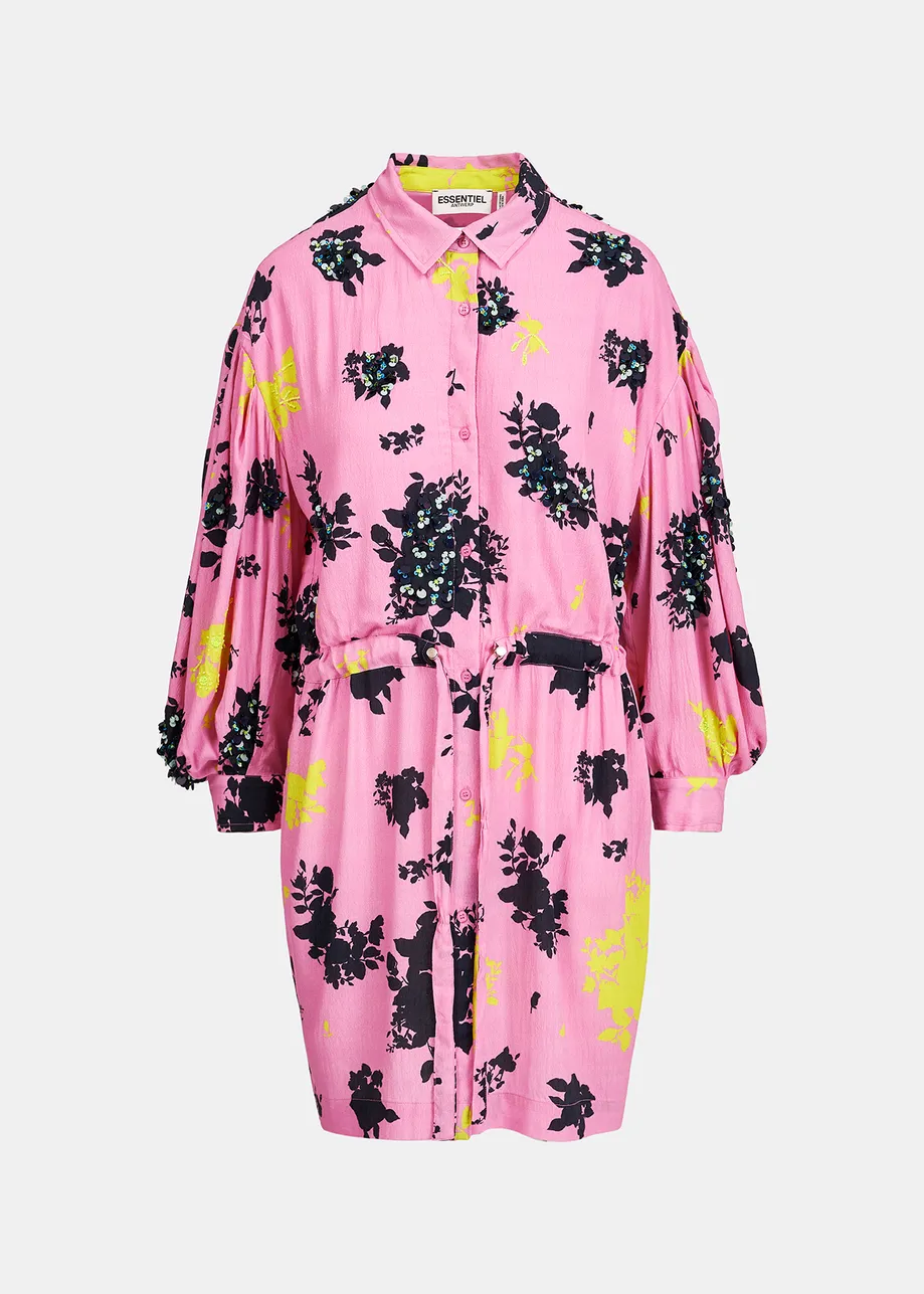 Pink, black and yellow floral print mini dress