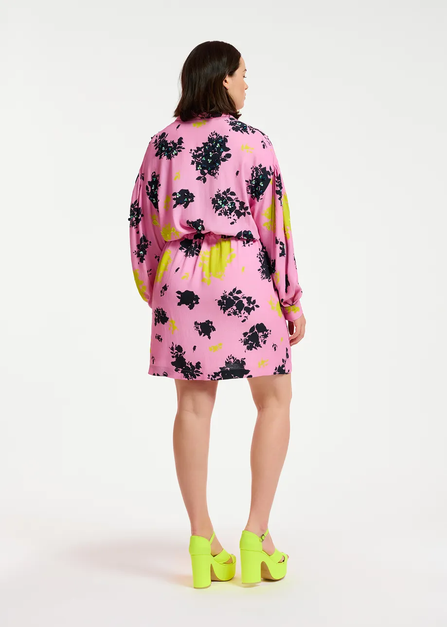 Pink, black and yellow floral print mini dress