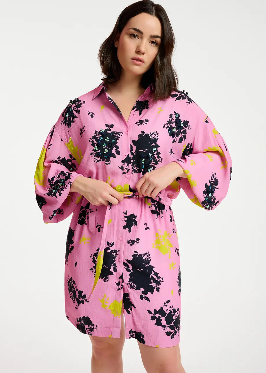 Pink, black and yellow floral print mini dress