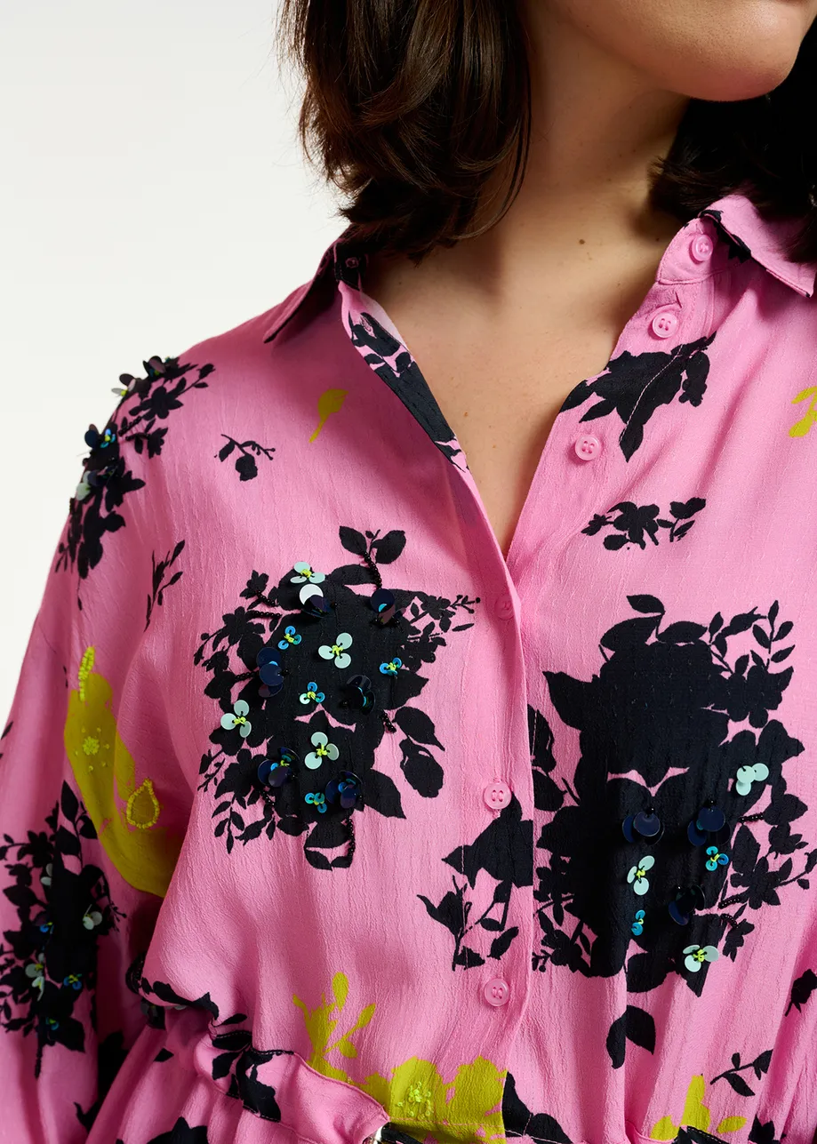 Pink, black and yellow floral print mini dress