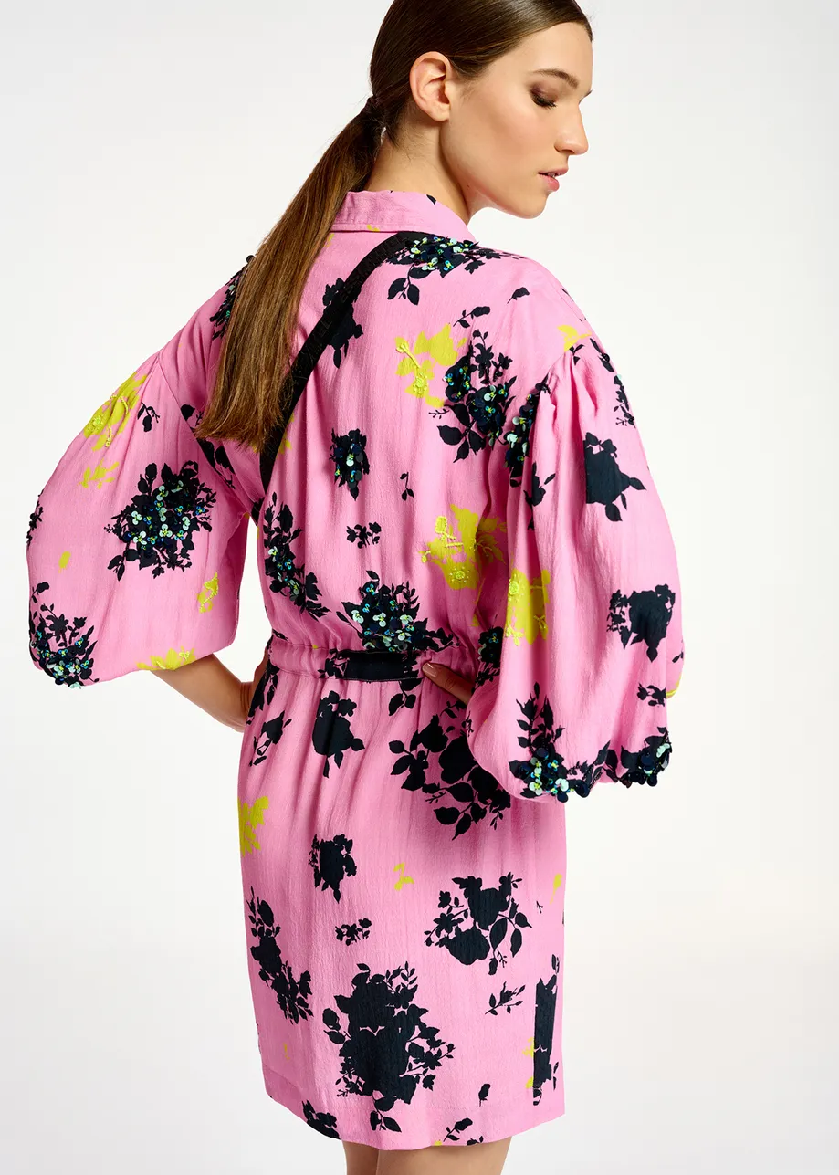 Pink, black and yellow floral print mini dress