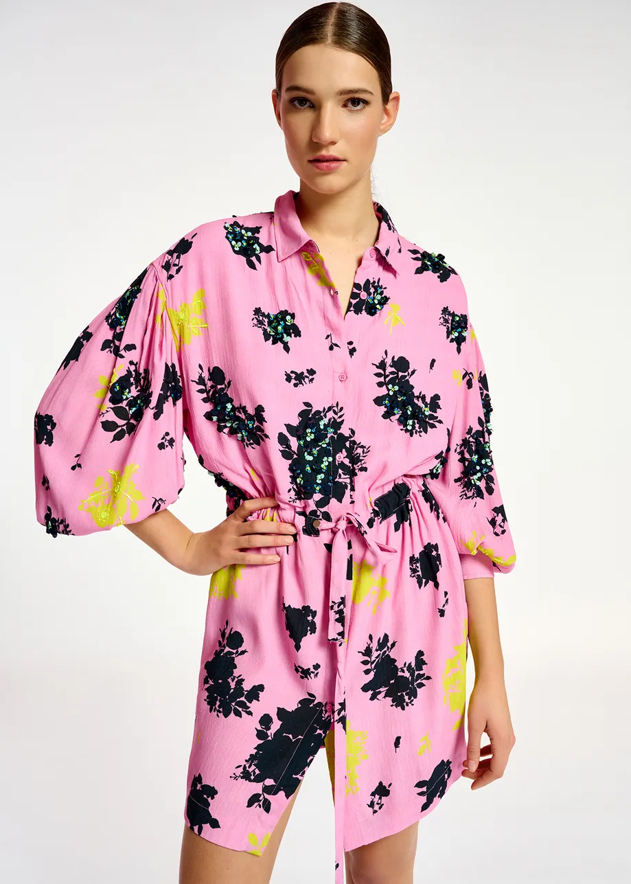 Pink, black and yellow floral print mini dress