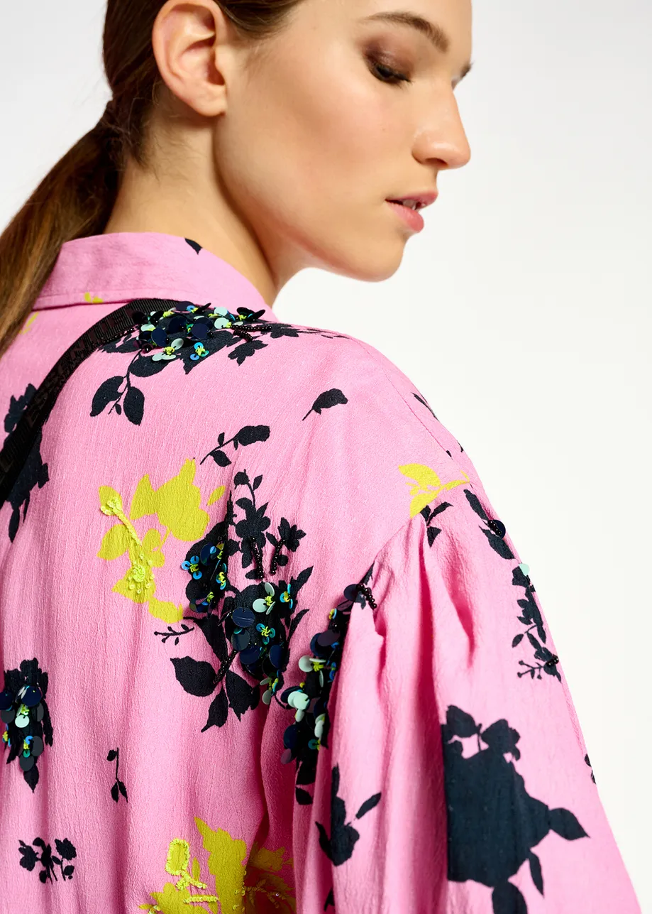 Pink, black and yellow floral print mini dress