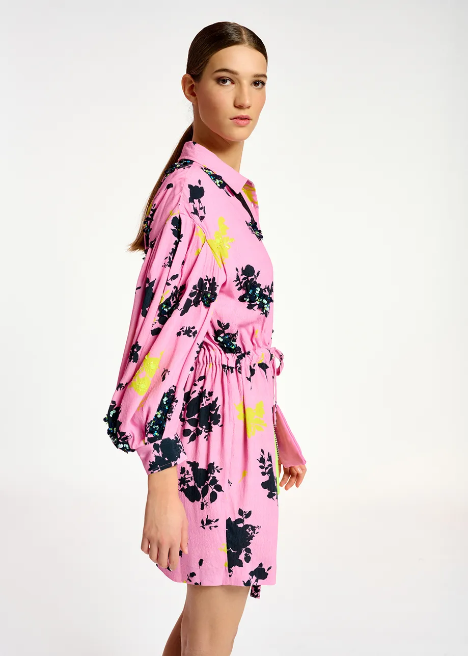 Pink, black and yellow floral print mini dress