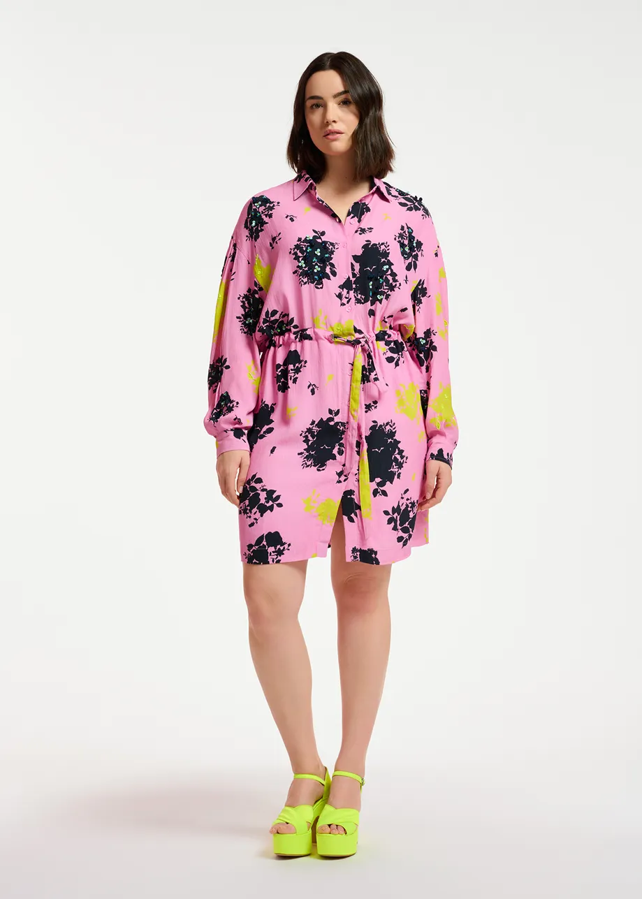 Pink, black and yellow floral print mini dress