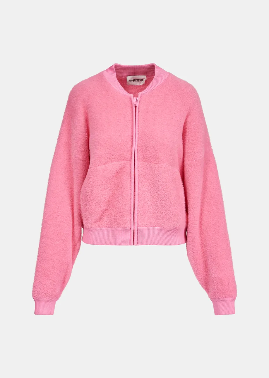 Blouson aviateur rose en tricot pelucheux