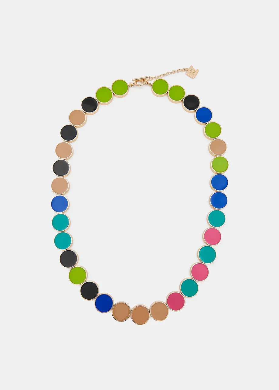 Collier à disques noires, turquoise et vert citron