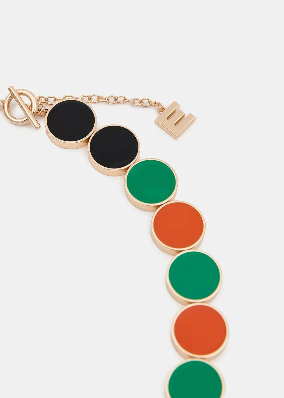 Halsketting met zwarte, oranje en blauwe schijven