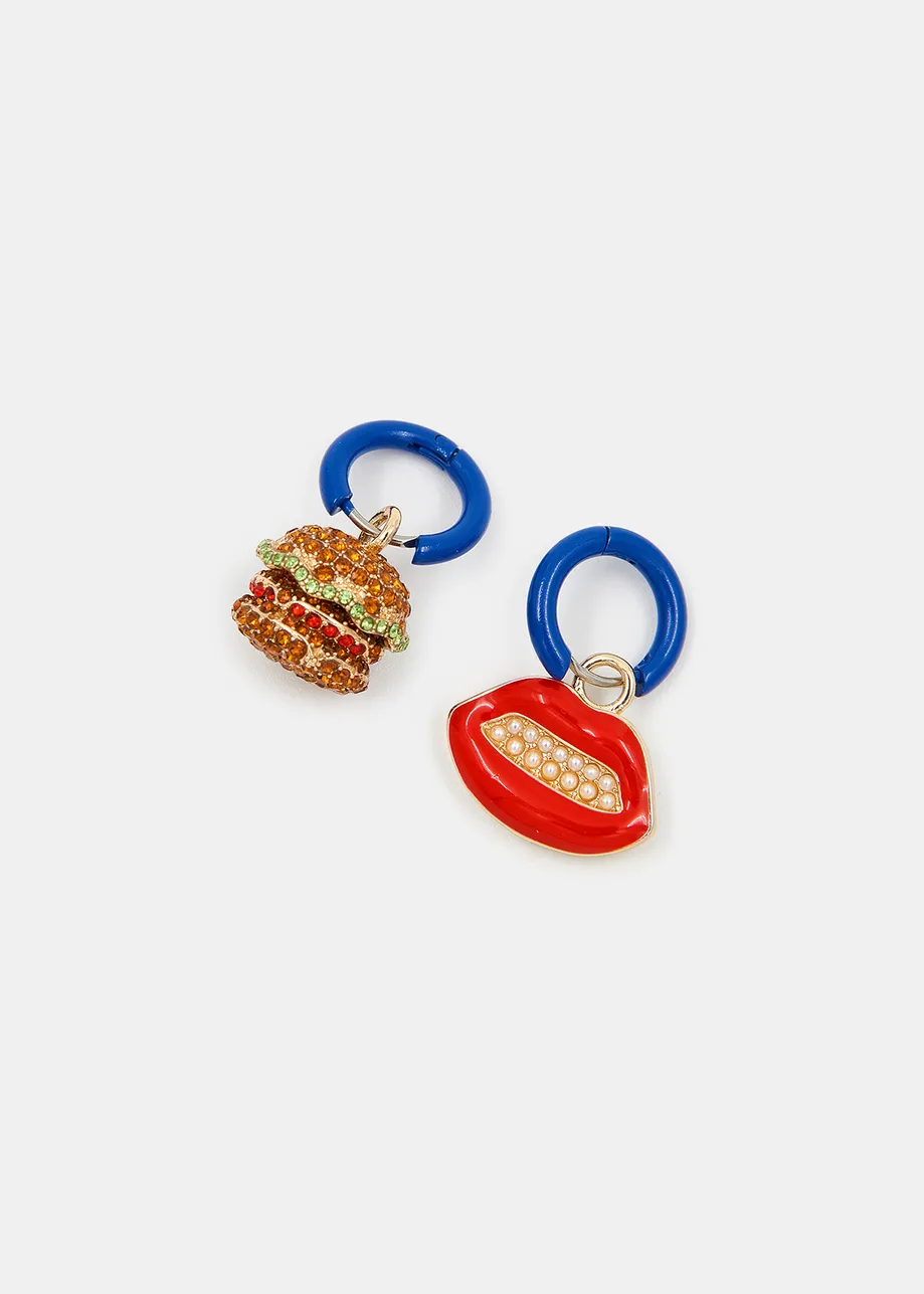 Blue hoop earrings with hamburger and lips pendants