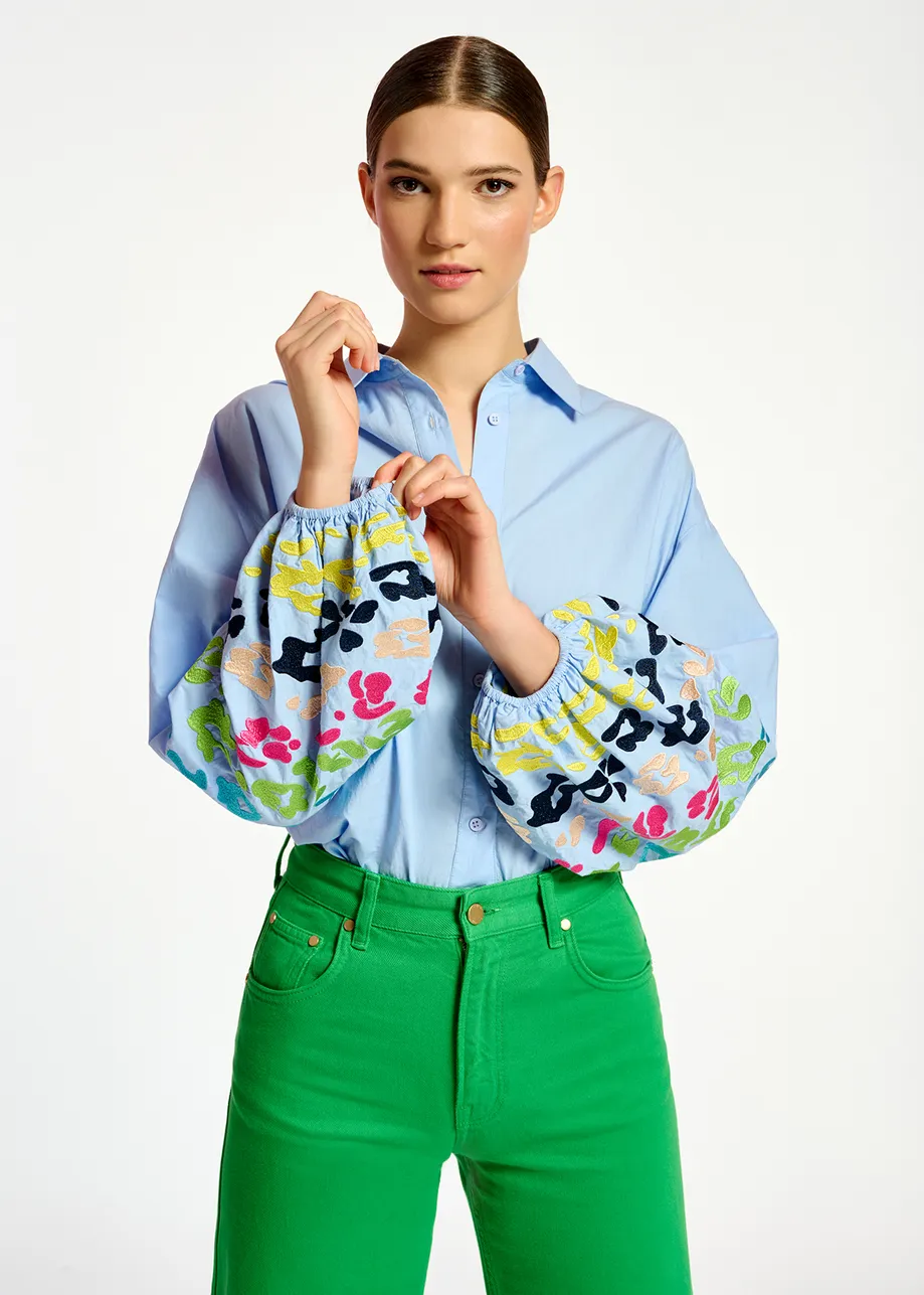 Blue cotton shirt with embroideries