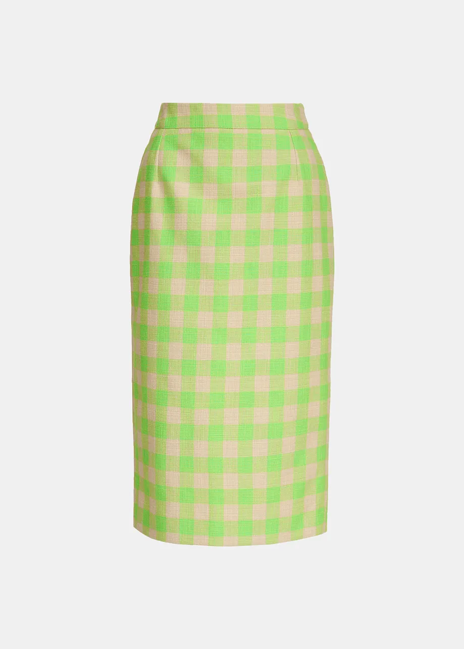 Neon green and beige checkered midi skirt