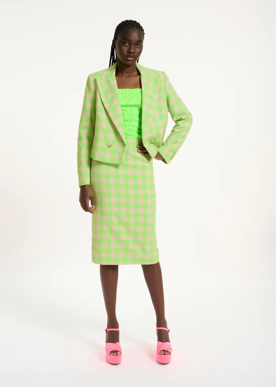 Neon green and beige checkered midi skirt