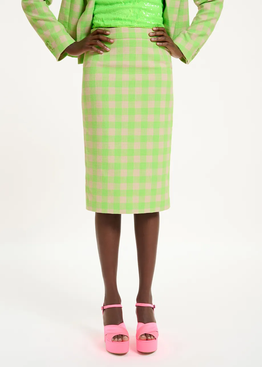 Neon green and beige checkered midi skirt