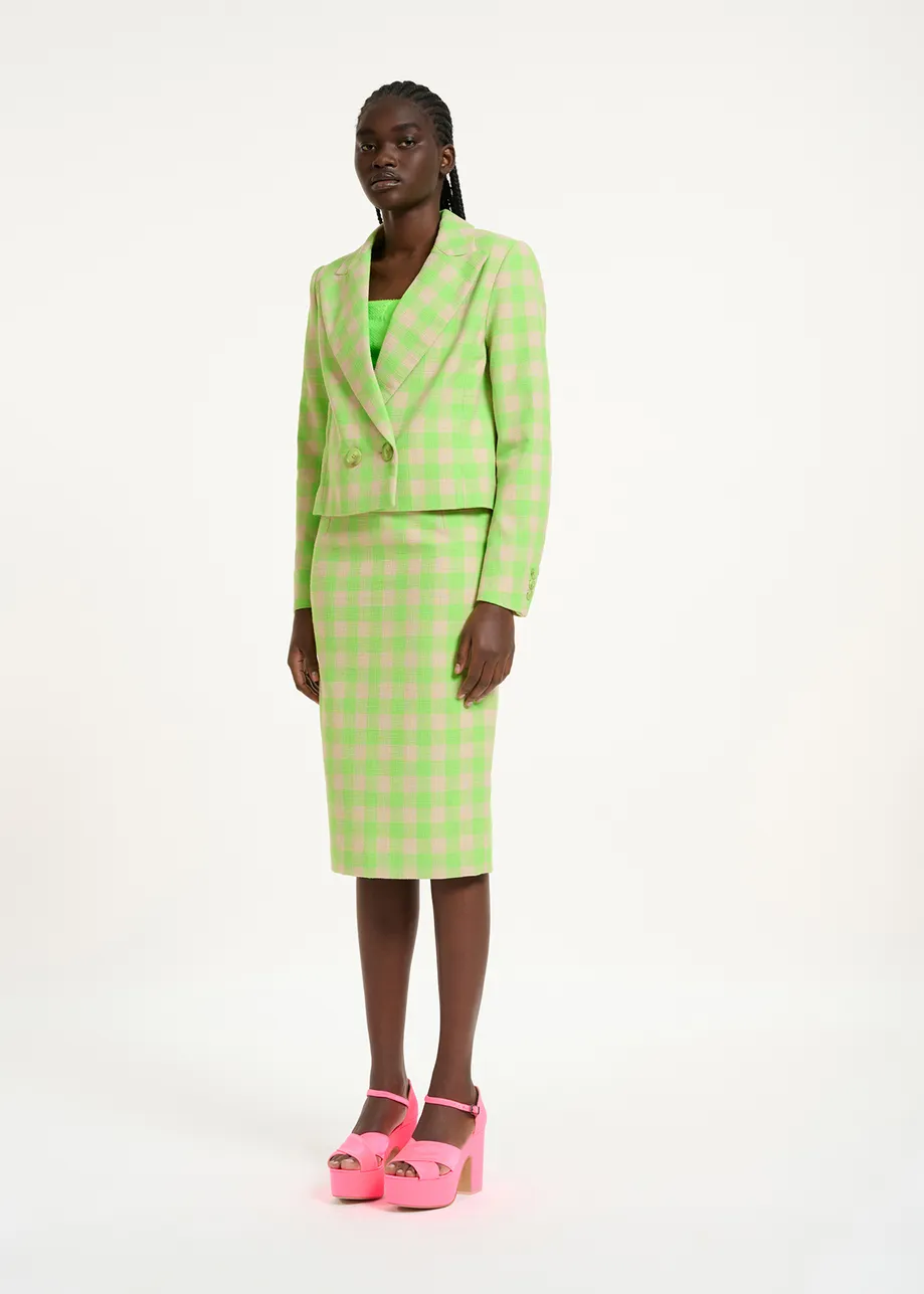 Neon green and beige checkered midi skirt