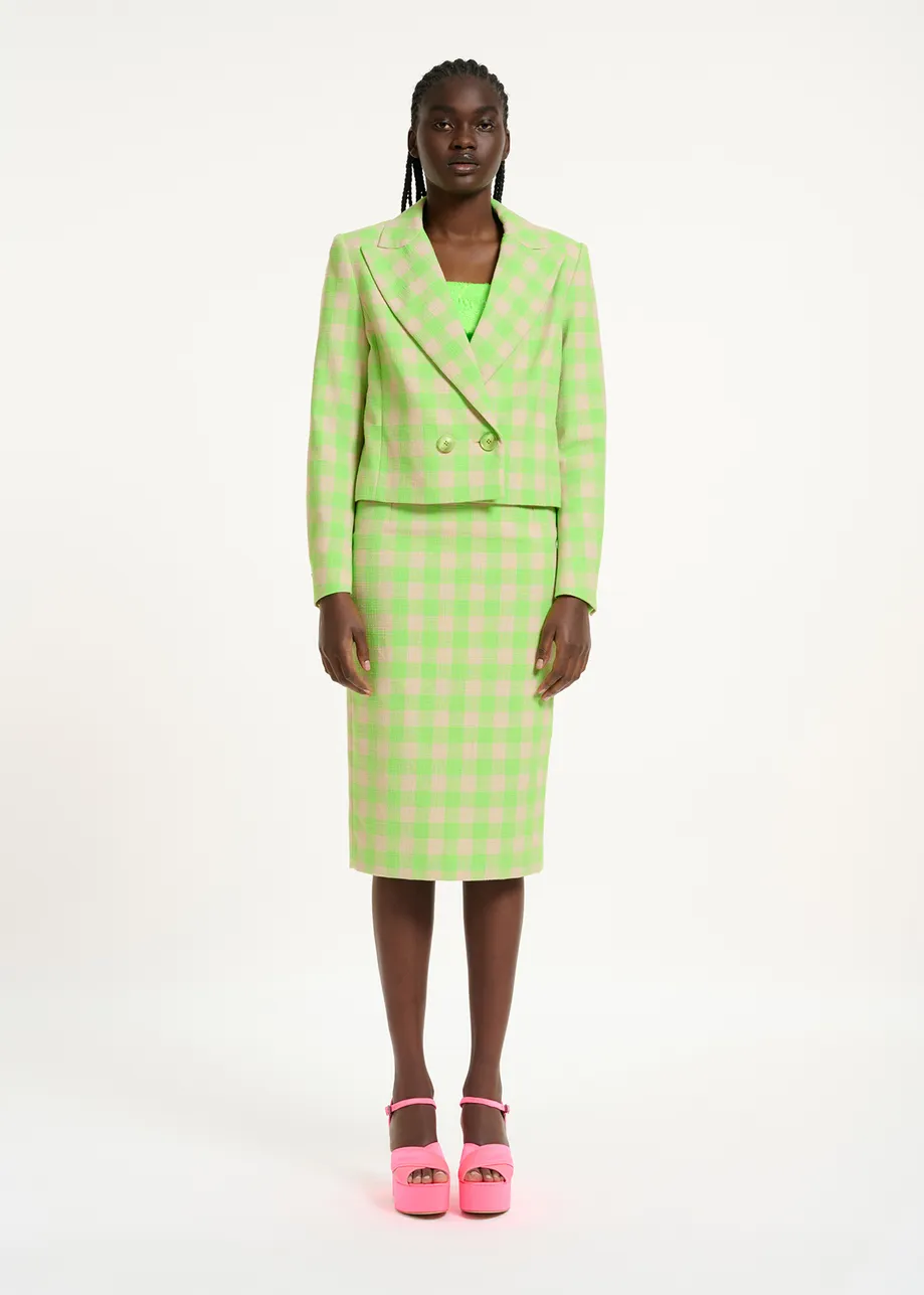 Neon green and beige checkered midi skirt