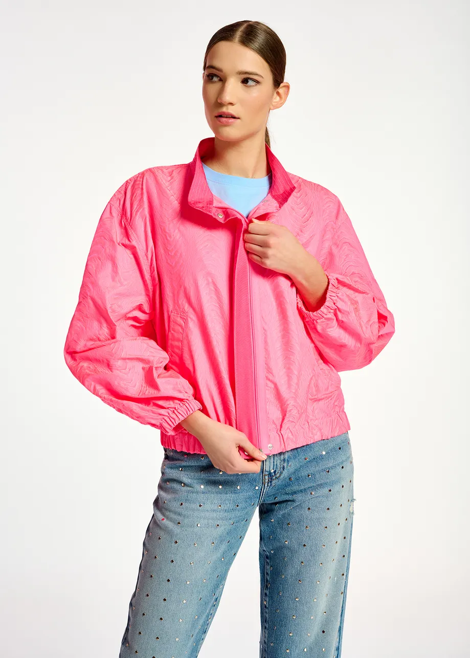 Neon pink jacquard bomber jacket