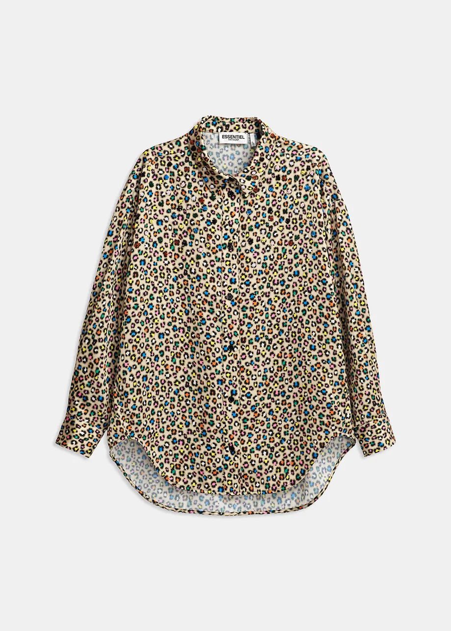 Beige sequin-embroidered shirt with multicolor leopard print