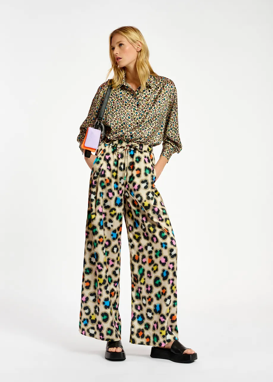 Beige sequin-embroidered shirt with multicolor leopard print