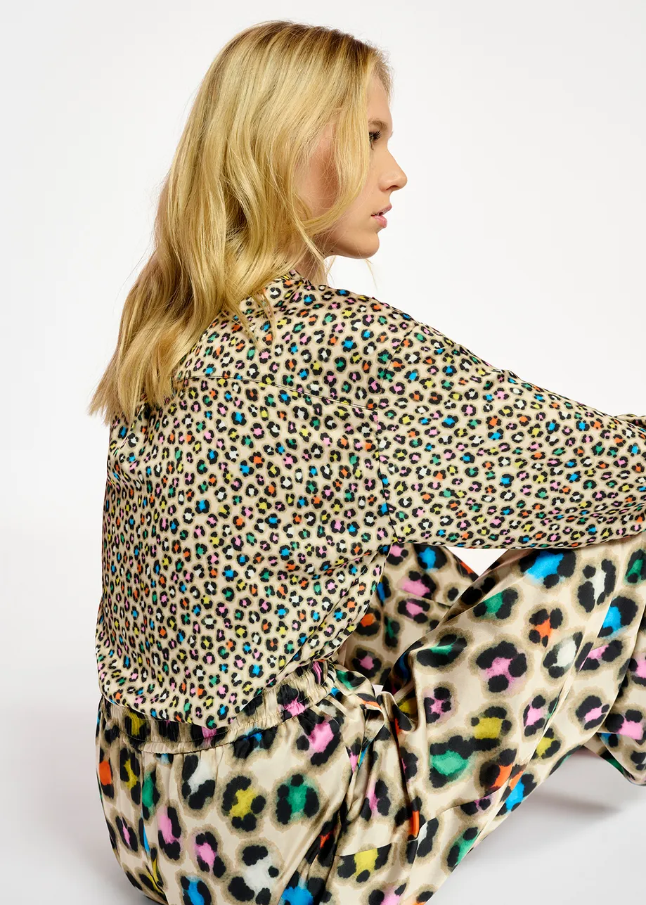 Beige sequin-embroidered shirt with multicolor leopard print