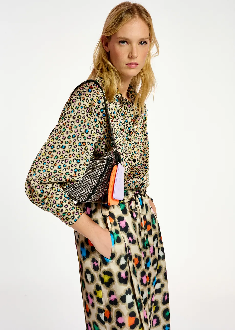 Beige sequin-embroidered shirt with multicolor leopard print