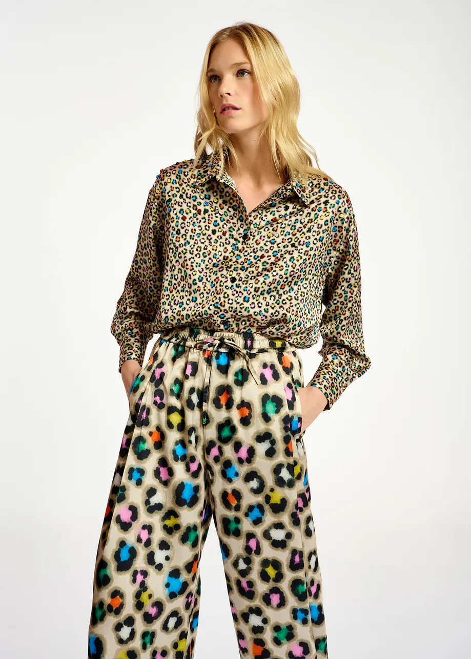Beige sequin-embroidered shirt with multicolor leopard print