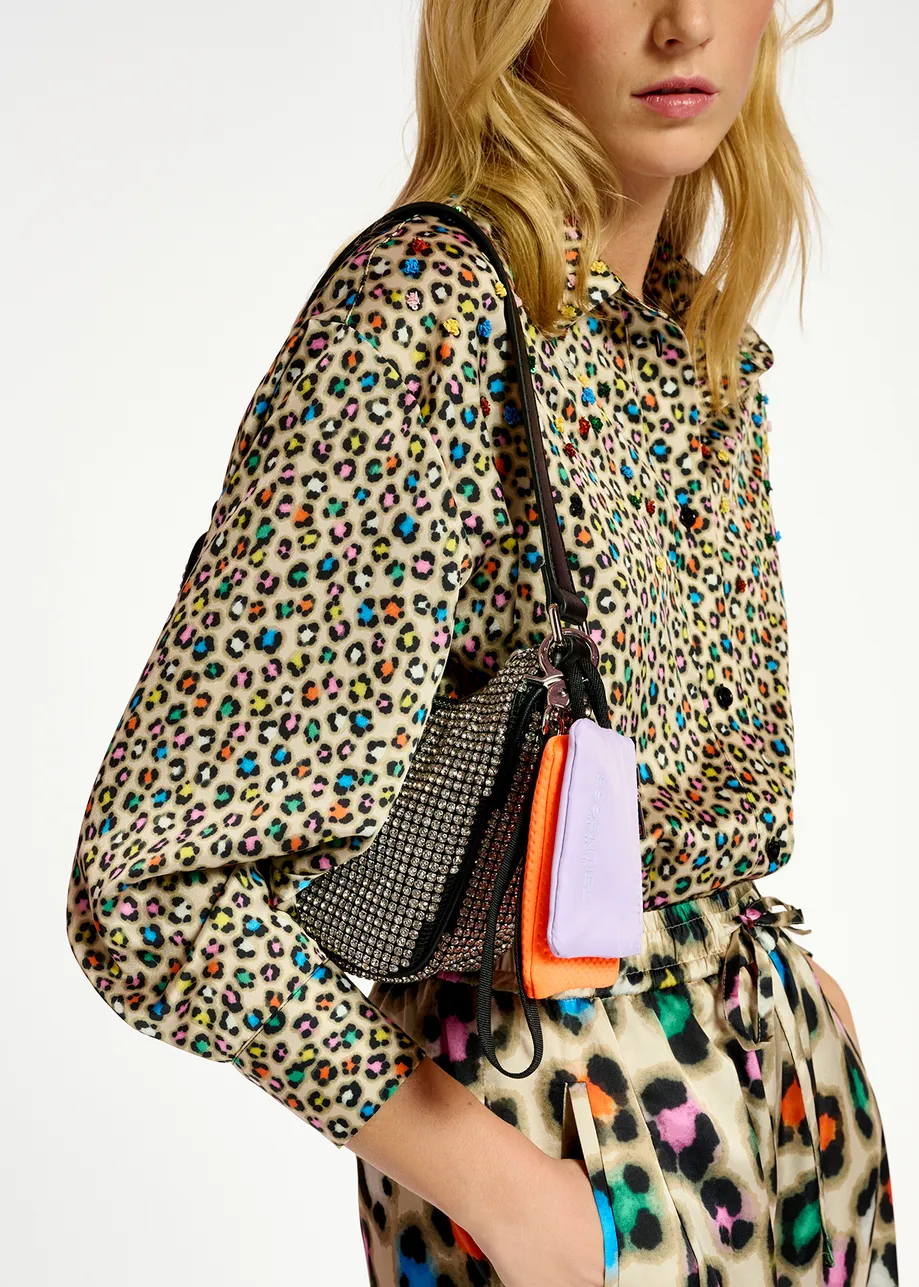 Beige sequin-embroidered shirt with multicolor leopard print