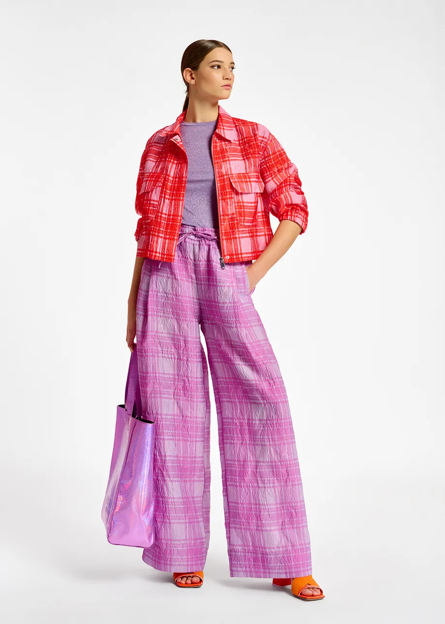 Pink and red checked cropped jacket