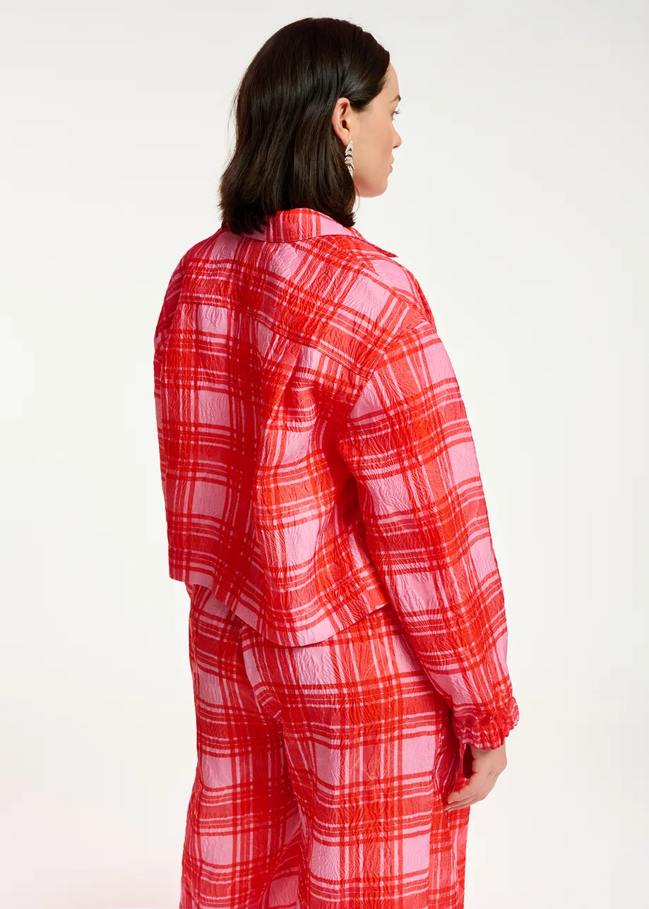 Pink and red checked cropped jacket