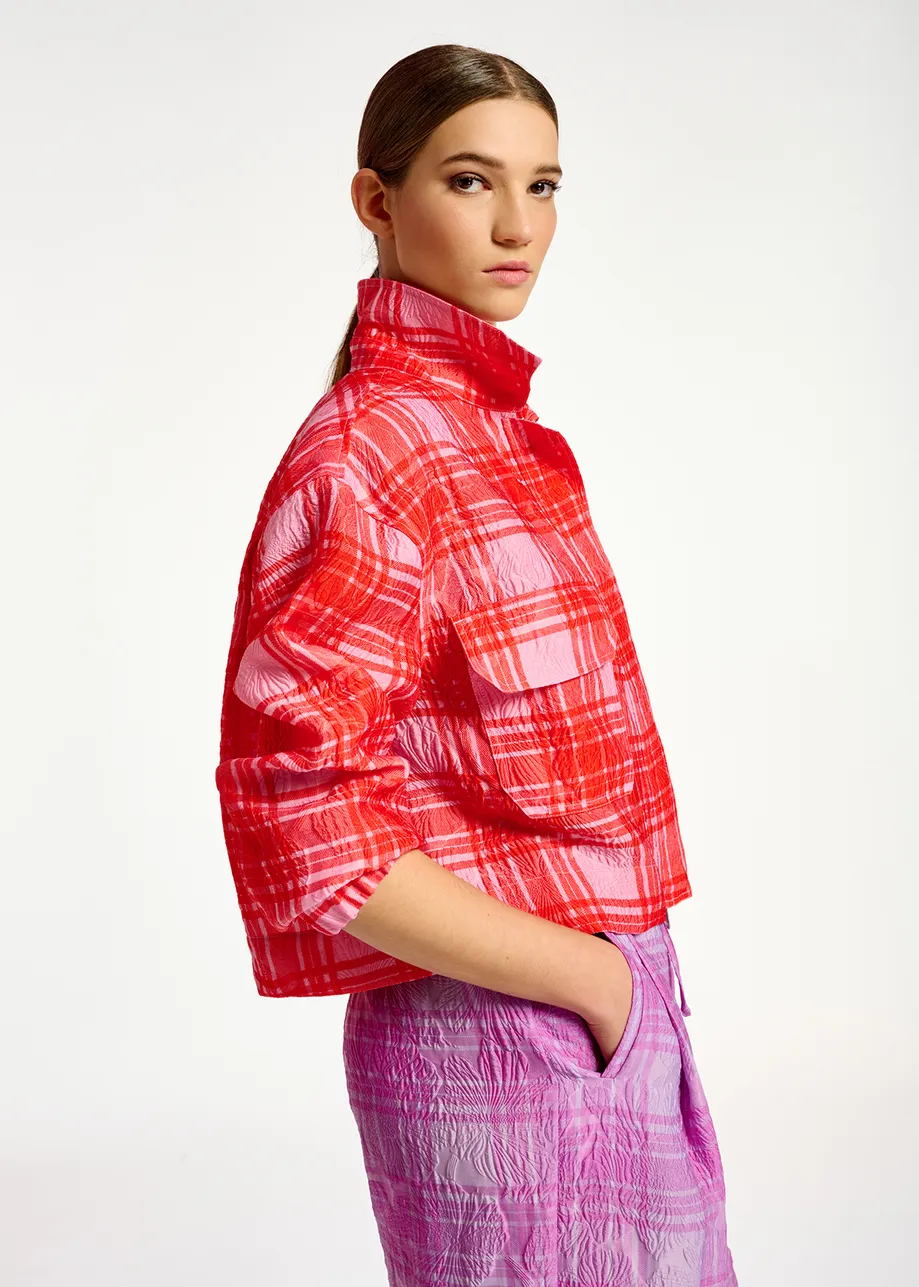 Pink and red checked cropped jacket